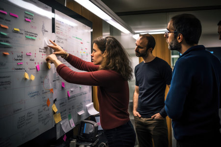 researchers huddled around a whiteboard covered with notes and diagrams, deep in discussion. Candid documentary style, capturing the teams interactionの素材