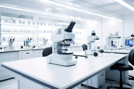 modern microscope equipment on a table in clean empty laboratory, sense of discovery.の素材