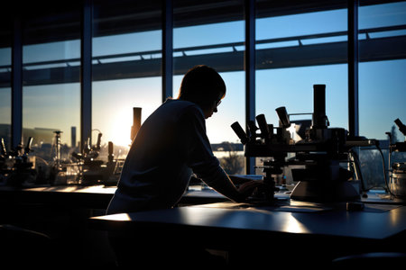 Silhouetted scientist by a window, absorbed in microscope work in a lab with a scenic outside view.の素材