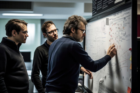 Captivating documentary scene: researchers huddled around a whiteboard, notes and diagrams, sparking insightful discussionsの素材