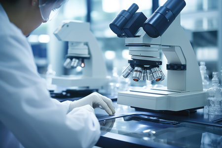 Scientist pioneers medical and scientific revolutions in lab, powered by microscope-driven exploration.の素材