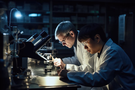 Medical research's global reach portrayed: diverse scientists, modern lab, microscopes, and lab equipment in unison.の素材