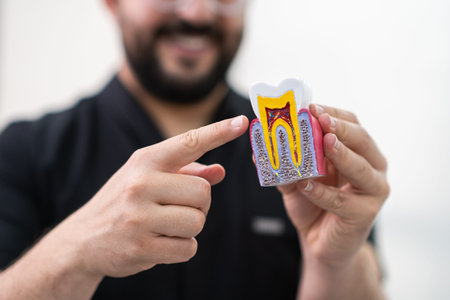 Stomatologist showing plastic model of healthy human tooth on light background positive doctor...