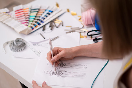 Designer draws future women dress sketch with pencil on paper working in fashion atelier skilled dressmaker creates new garment models at workplace in shop closeupの写真素材