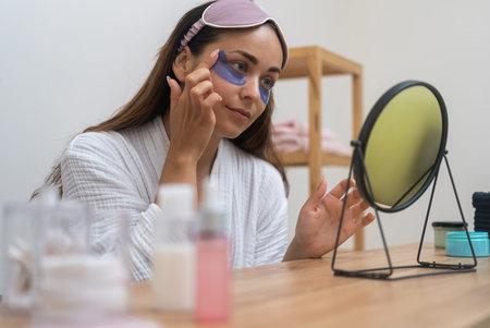 Attractive woman in bathrobe applying under-eye patches looking in round mirror at table beautiful...
