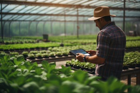 An agronomist-farmer inspects plants with a digital tablet, embracing modern technology.の素材