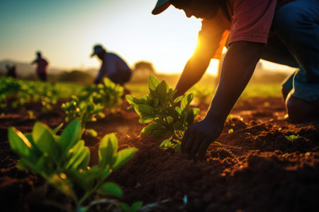 united team of farmers collaborates working in field, global cooperation in agriculture endeavorsの素材