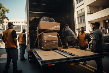 team of professionals unpacks truck, delivering top-notch moving services for a smooth transition.の素材