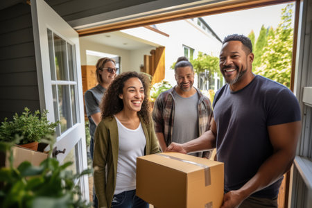 group of buddies supports a young family during their move, exemplifying the strength of community.の素材