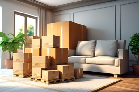 home Relocation service with transporting boxed furniture, an illustration of furniture deliveryの素材