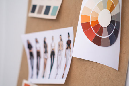 Corkboard with color swatch palette and women clothes sketches in sewing studio dressmaking supplies in craft workshop in fashion sewing atelier closeupの写真素材