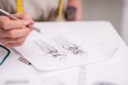 Fashion designer finishes stylish dress sketch at desk in dressmaking studio art manager with outfit drawing in sewing workshop craft women garment closeupの写真素材