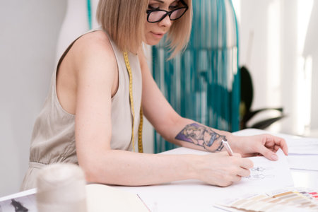 Young blonde woman with tattoo designs glamorous clothes at table in fashion atelier skilled...