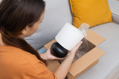 Online Decor Delight: With excitement, a home design enthusiast reviews her parcel, validating her...