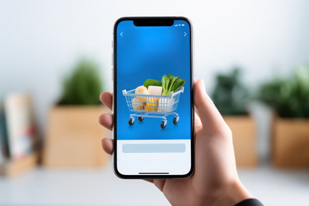 Supermarket in your pocket: order fresh food via online mobile application.の素材