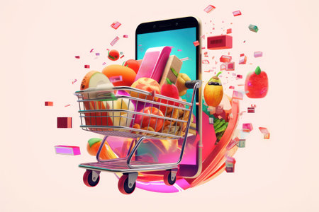 Illustration: phone becomes cart with each added grocery; digital shopping wonder.の素材