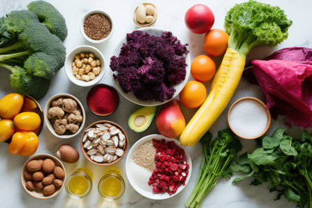 Top-down pristine kitchen counter with fresh produce organic veggies and fruits e-grocery flat lay.の素材