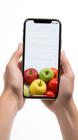 Experience e-grocery hands-on: close shot of smartphone displaying delivery app.の素材