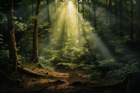 Dawn's embrace: sunrays piercing the mist of a serene, foggy green forest.の素材