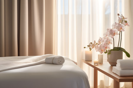 Spa haven: Natural light massage table graced with flowers and peaceful decor.の素材