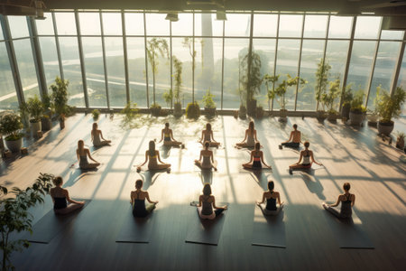 Zen from above: Yoga enthusiasts in poses, studio awash with sunlight. Perfect retreat setting.の素材