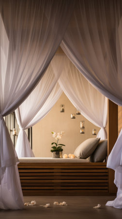 Minimalist Bali massage haven: modern spa chamber with soft light filtering through sheer drapery.の素材