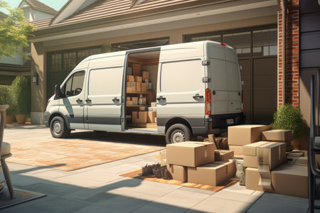 Unloading memories: moving truck's open door showing stacked cartons.の素材