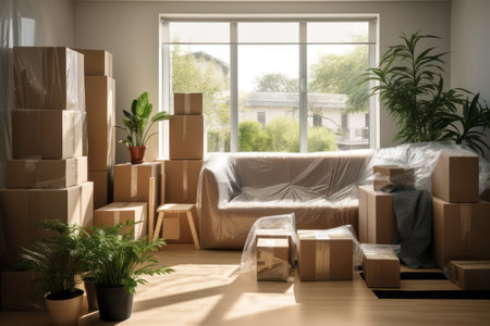 Daylight streaming on packed household items in an empty apartment.の素材