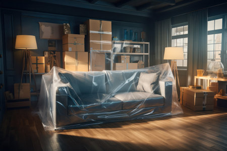 Room scene showcasing detailed packing of furniture and belongings, poised for transport.の素材