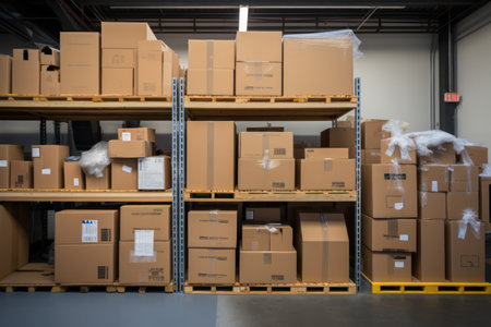 Stacked storage haven: Shelves brimming with parcels in warehouse during relocation.の素材