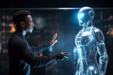 Merging realities: Human user engages with a lifelike holographic AI figure.の素材