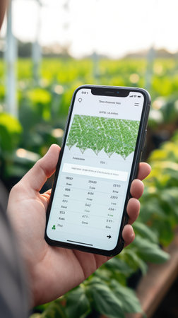 Hand holds smartphone with crop app, spotlighting AI's transformative presence in farming.の素材