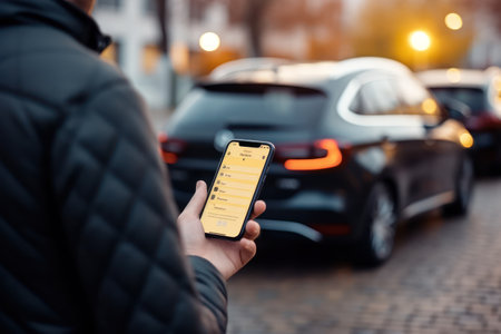 AI-guided app on smartphone, navigating user to open city parking. Smart, efficient urban living.の素材