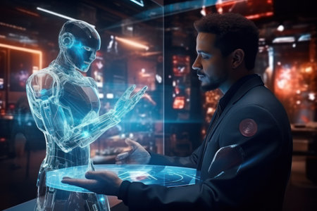 Future of tech: man immersed in conversation with a virtual humanoid AI assistant.の素材