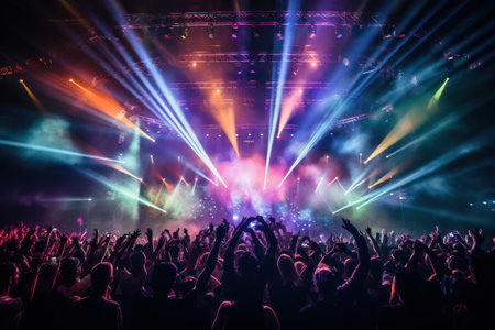 AI-driven light displays amplifying the ambiance people crowd at a live concert.の素材