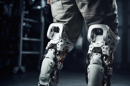 Robotic exoskeleton aids person mobility, highlighting AI's role in health. Advanced mobility techの素材