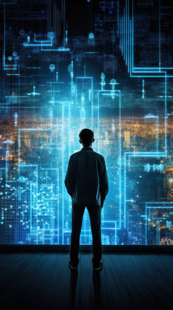 Businessman with hands spread apart standing in light coming from above. High quality photoの素材