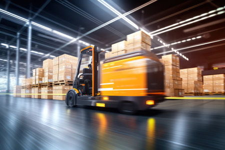 Robotic forklift zips in warehouse, AI's speed, efficiency in motion-blurred logistics.の素材