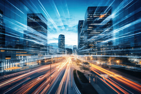 Urban traffic, steered by AI, epitomizes the smart city's efficient, futuristic infrastructure.の素材