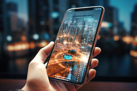 Virtual assistant on display, guiding urban exploration via smartphone. AI travel technology.の素材