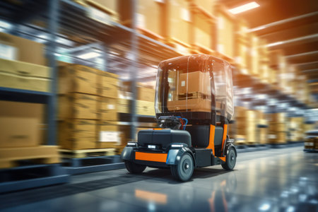 Blurred motion, robotic forklift signifies AI's fast, efficient warehousing future.の素材