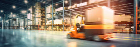 AI-driven forklift blurs in transit, epitomizing warehouse's fast-moving future.の素材