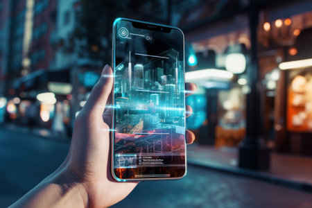 AI assistant on phone enlightens traveler navigating new city, futuristic travel tech.の素材