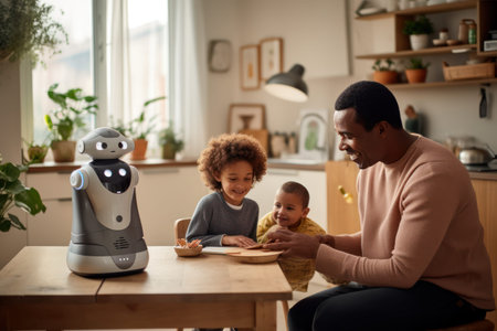 AI robot aids with chores, family interaction adds warmth to high-tech home.の素材
