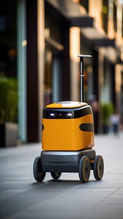 AI's delivery robot at doorsteps, heralding a high-speed service era.の素材