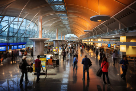 Bustling airport terminal illuminated by ambient daylight, capturing passengers in transit amidst modern architectureの素材