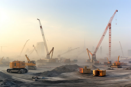 Silent Progress: Panoramic Glimpse of Unmanned Construction Site, Half-Completed Structures Amidst Eerie Stillnessの素材