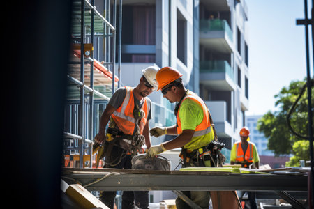Focused construction workers ensure safety while handling equipment amidst modern city structures, epitomizing urban building safety.の素材
