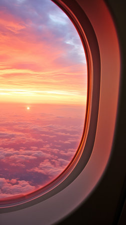 Breathtaking view from an airplane window showcasing a vivid sunset, casting warm hues upon a sea of clouds.の素材