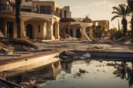 Villa of Dreams: Close-up on Abandoned Luxury Villa, Pool Filled with Debris, and a Billboard Touting Unfulfilled Luxury Livingの素材